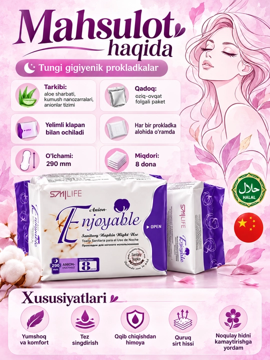 Ayollar uchun gigiyenik prokladkalar Enjoyable, kundalik, kunduzgi va tungi, 8/10/30 dona