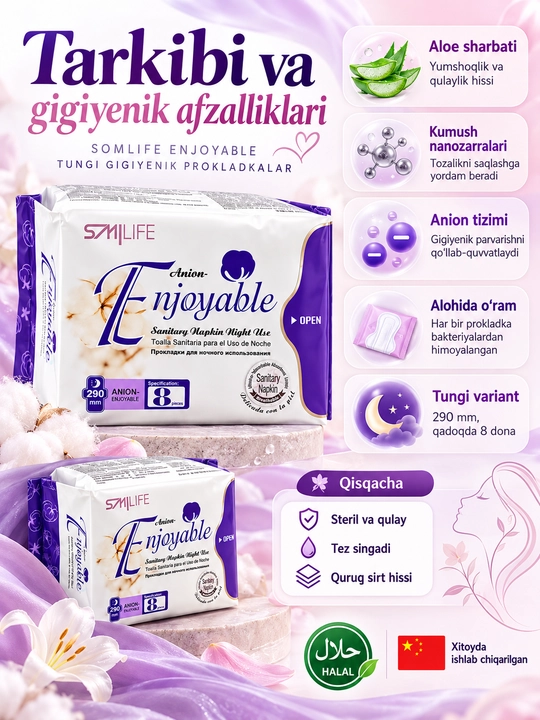 Ayollar uchun gigiyenik prokladkalar Enjoyable, kundalik, kunduzgi va tungi, 8/10/30 dona