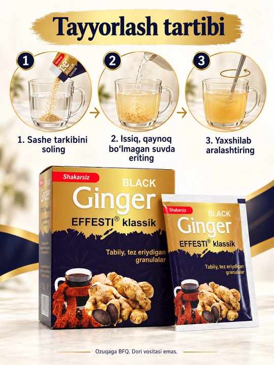 Tez eriydigan granula Effesti klassik Black Ginger, C vitamini bilan, 6 × 8 g