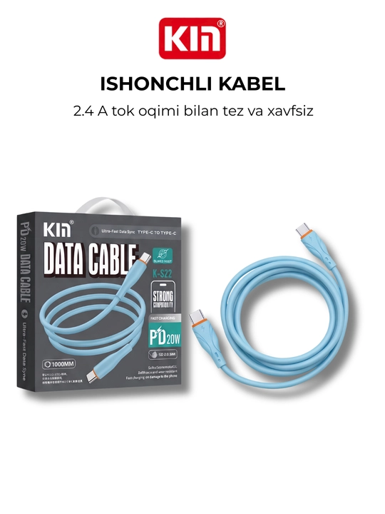 Zaryadlash kabeli KIN K-S22, Type-C ↔ Type-C, 2.4A, 1 m, silikon o‘rama
