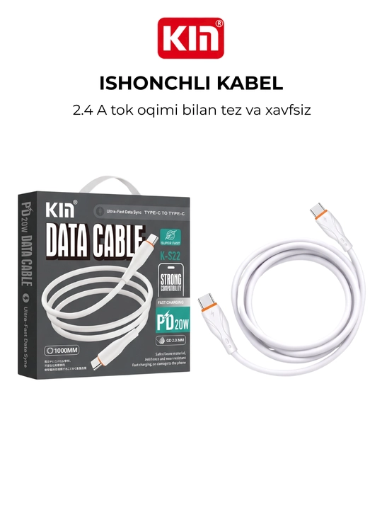 Zaryadlash kabeli KIN K-S22, Type-C ↔ Type-C, 2.4A, 1 m, silikon o‘rama
