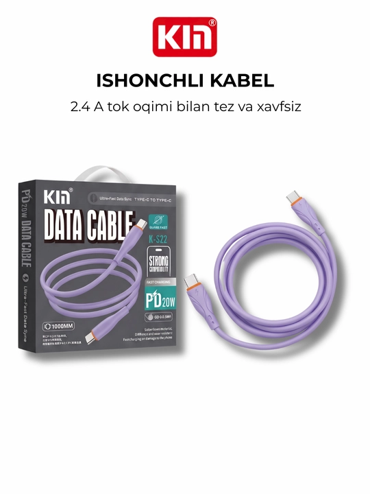 Zaryadlash kabeli KIN K-S22, Type-C ↔ Type-C, 2.4A, 1 m, silikon o‘rama