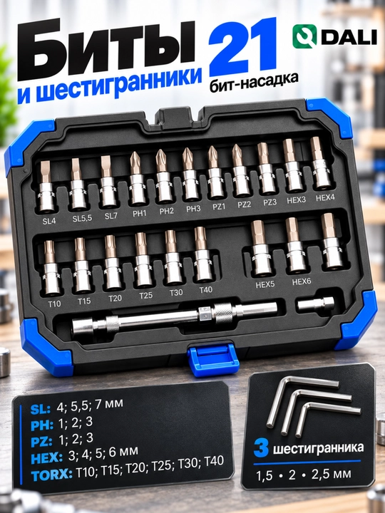 Набор торцевых головок DALI 53 предмета, 1/4 дюйма, с трещоткой и кейсом