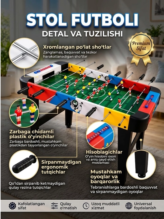 Stol futboli kiker, bolalar va kattalar uchun o‘yin stoli, 92×46×69,5 sm