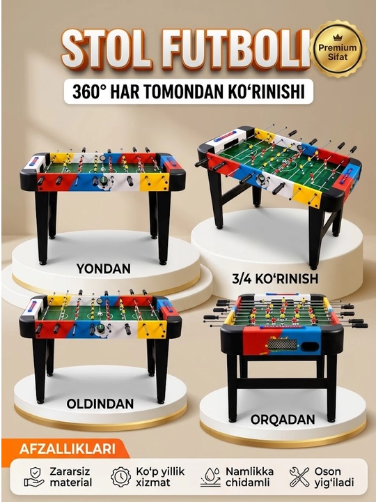 Stol futboli kiker, bolalar va kattalar uchun o‘yin stoli, 92×46×69,5 sm