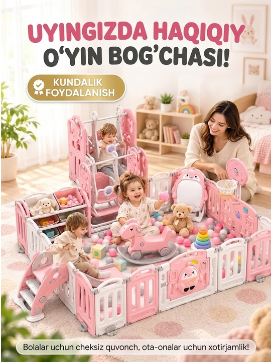 Bolalar uchun plastik o‘yin maneji, yig‘ma, eshikchali, pushti rang