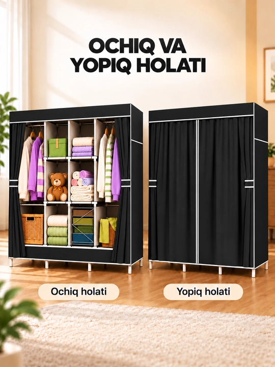 Kiyimlar uchun matoli yig‘ma shkaf, garderob, buyumlarni saqlash organayzeri, 170 x 170 sm