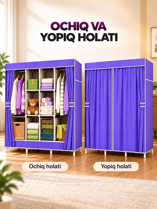 Kiyimlar uchun matoli yig‘ma shkaf, garderob, buyumlarni saqlash organayzeri, 170 x 170 sm