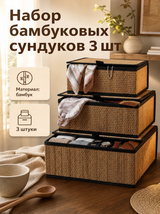 Набор из 3 плетеных бамбуковых корзин, для хранения, для ванной и кухни