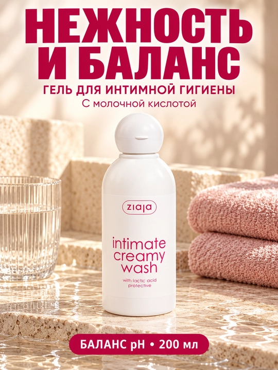 Гель для интимной гигиены Ziaja с молочной кислотой, кремовый, для баланса pH, 200 мл