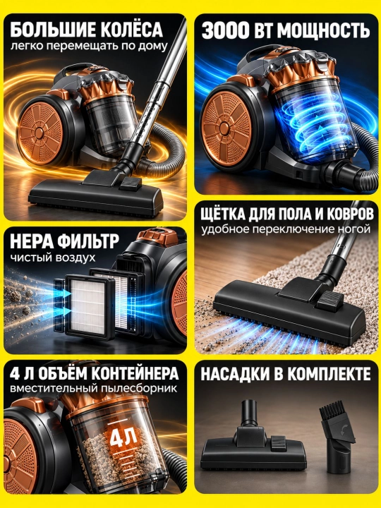 Пылесос Samsung 3000W, HEPA-фильтром ,4 л, с инновационной телескопической трубкой pilisos