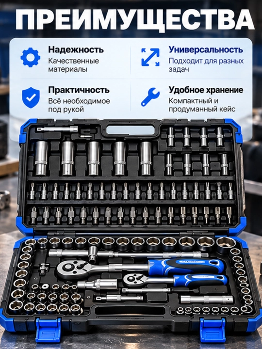 Набор торцевых головок DALI 108 предметов, 1/4, 3/8 и 1/2 дюйма, в кейсе