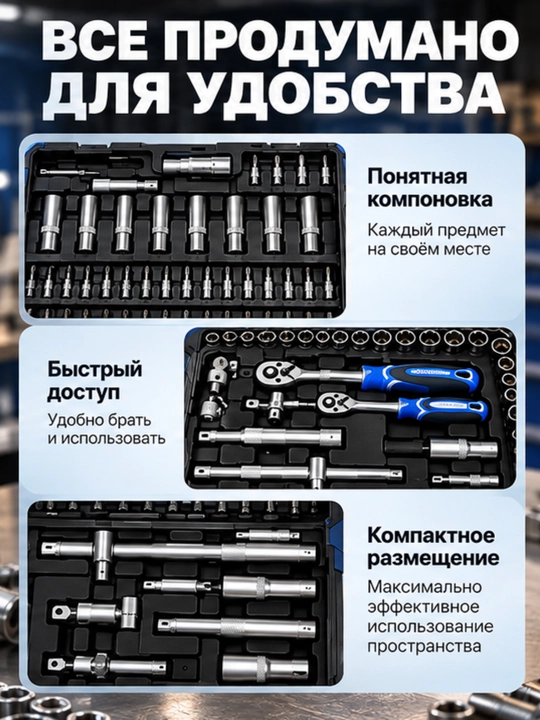 Набор торцевых головок DALI 108 предметов, 1/4, 3/8 и 1/2 дюйма, в кейсе