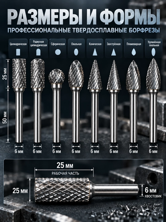 Борфрезы по металлу, набор твердосплавных шарошек 8 шт, профессиональные, хвостовик 6 мм
