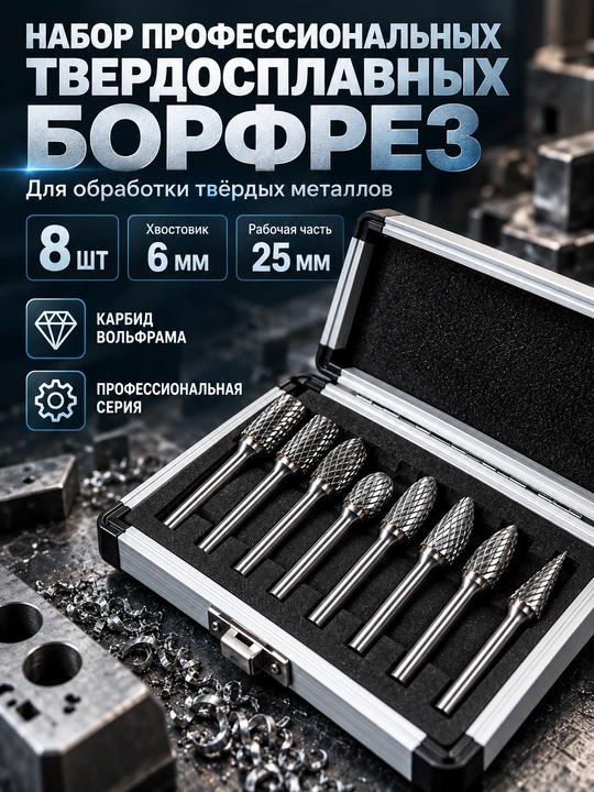 Metall uchun borfreza va sharoshkalar to‘plami, 8 dona, professional, 6 mm - 