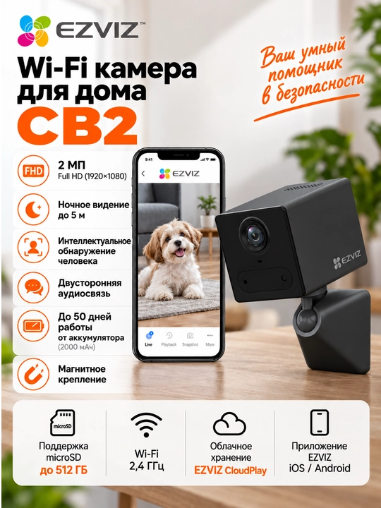 Аккумуляторная WiFi камера видеонаблюдения 2MP EZVIZ CS-CB2, чёрная