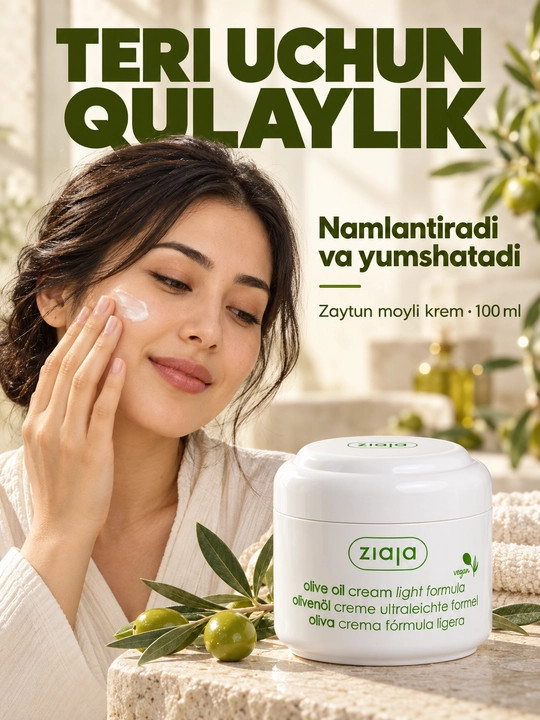 Yuz kremi Ziaja zaytun moyli, yengil, namlantiruvchi, quruq teri uchun, 100 ml