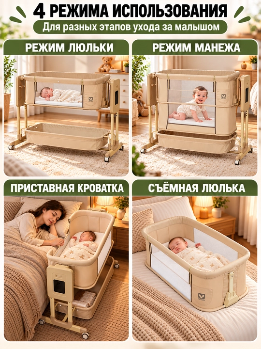 Приставная кроватка 5 в 1, автокачание, 3 скорости, 5 уровней высоты