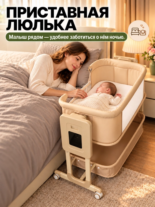Приставная кроватка 5 в 1, автокачание, 3 скорости, 5 уровней высоты