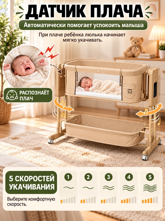 Приставная кроватка 5 в 1, автокачание, 3 скорости, 5 уровней высоты
