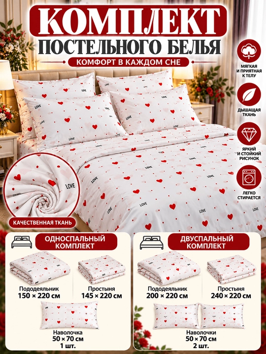 Комплект простыня и наволочка, двуспальная 220*240, наволочка 50*70