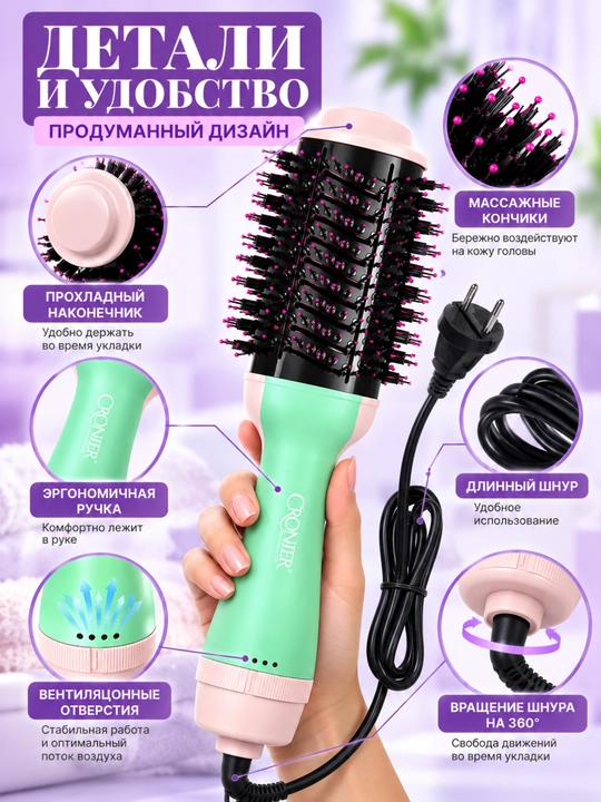 Фен-щётка CRONIER CR-8211 для сушки и укладки волос с ионной технологией