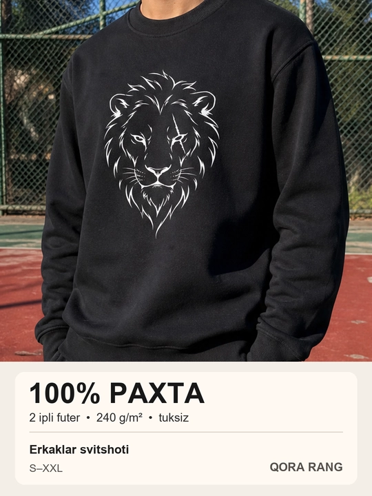 Erkaklar uchun sher boshi chizmasi tushirilgan svitshot, 100% paxta - 