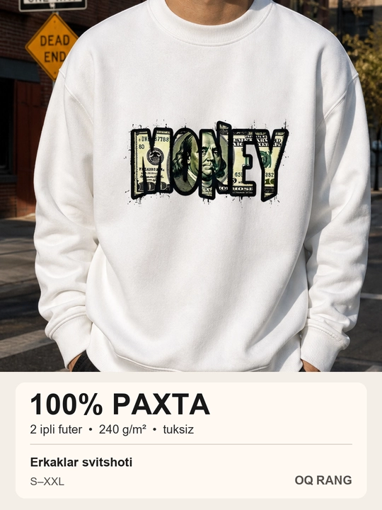 MONEY bosma naqshli erkaklar svitshot, 100% paxta, qora va oq - 