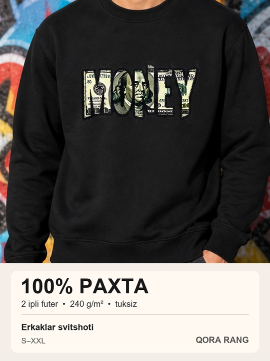 MONEY bosma naqshli erkaklar svitshot, 100% paxta, qora va oq - 