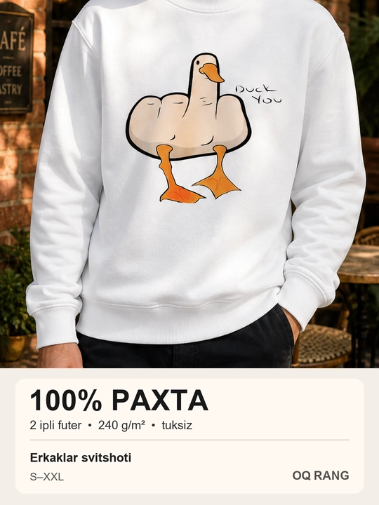 Erkaklar uchun o‘rdak rasmi tushirilgan svitshot, 100% paxta, qora va oq - 