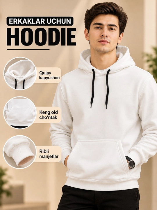 Erkaklar uchun hoodie, kapyushonli, keng old cho‘ntakli - 