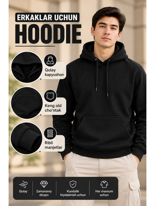 Erkaklar uchun hoodie, kapyushonli, keng old cho‘ntakli - 