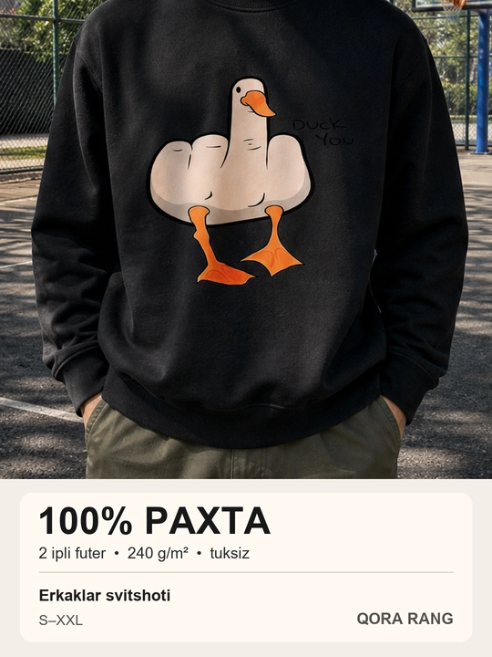 Erkaklar uchun o‘rdak rasmi tushirilgan svitshot, 100% paxta, qora va oq - 