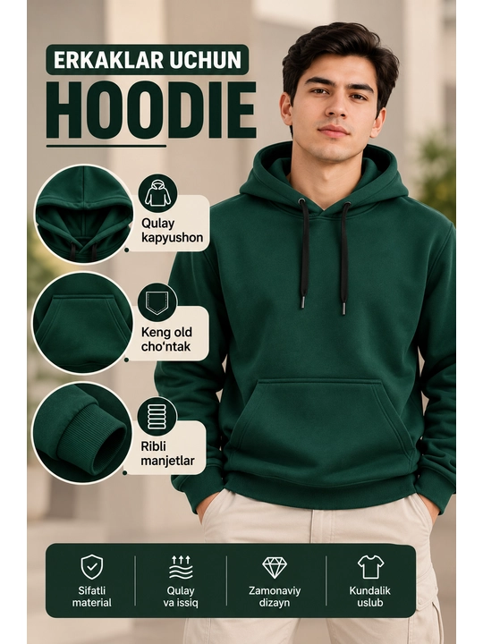 Erkaklar uchun hoodie, kapyushonli, keng old cho‘ntakli - 