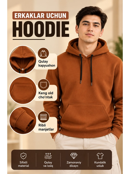Erkaklar uchun hoodie, kapyushonli, keng old cho‘ntakli - 
