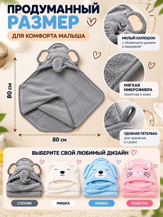 Детское полотенце с капюшоном для лица и тела, 80х80см микрофибра, банное полотенце