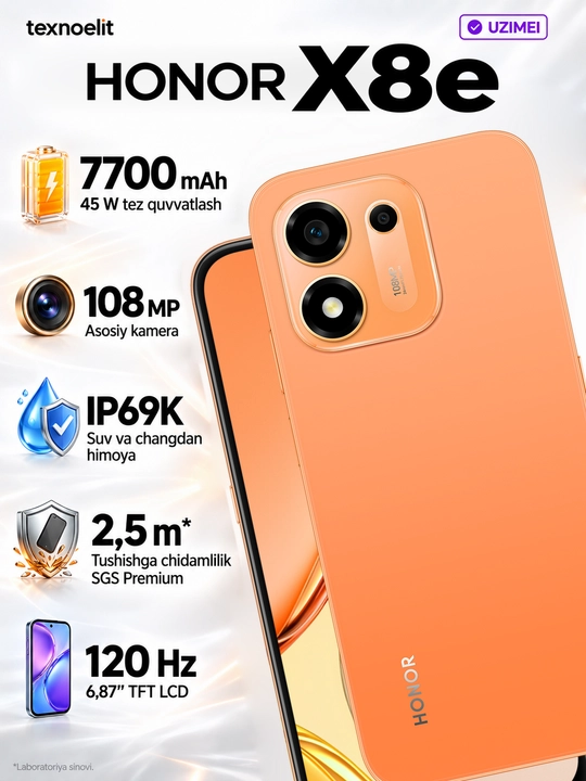 Смартфон HONOR X8e 6/256 ГБ, камера 108 МП, 7700 мА·ч, экран 120 Гц - 
