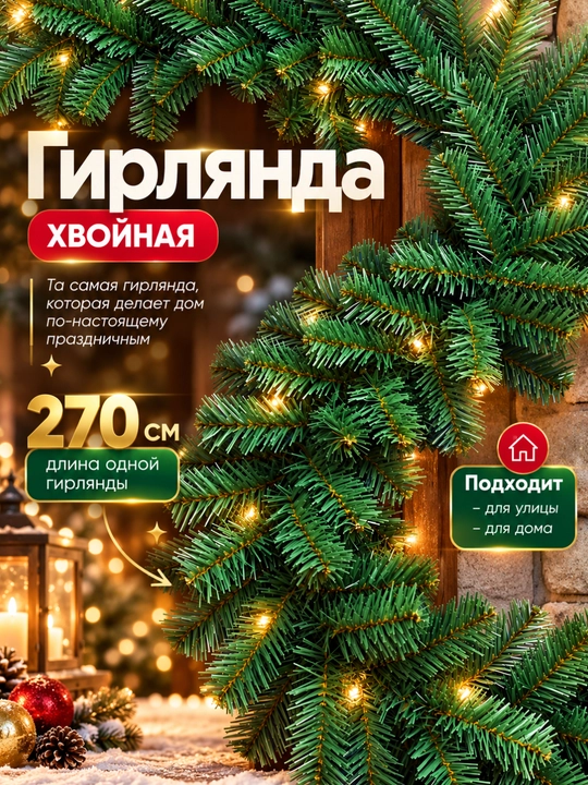 Гирлянда хвойная 270 см, зеленая декоративная еловая ветка, новогоднее украшение - 