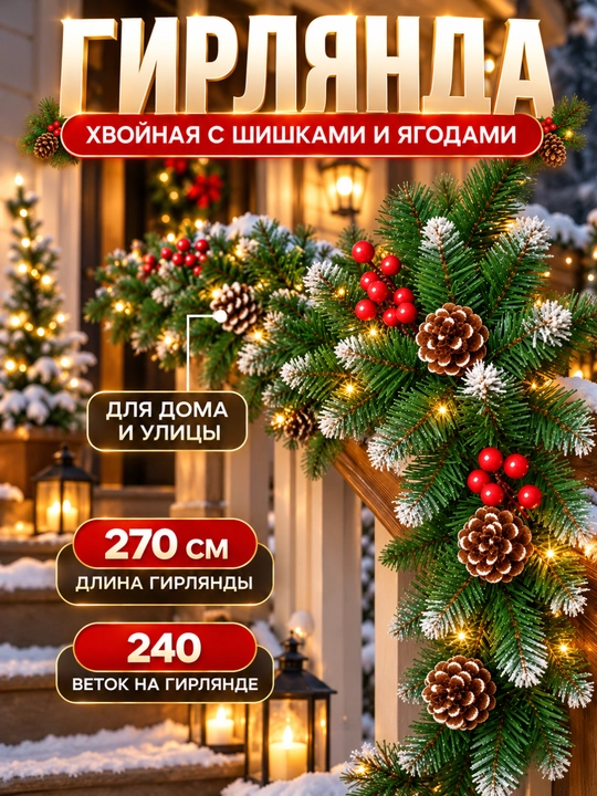 Гирлянда хвойная 270 см, зеленая декоративная еловая ветка, новогоднее украшение - 