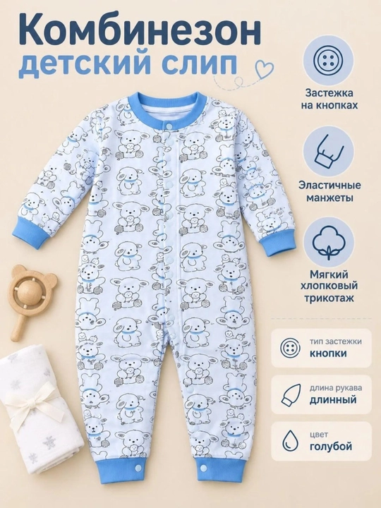 Uzun yengli, tugmali paxtali bolalar kombinezoni, chaqaloqlar uchun slip