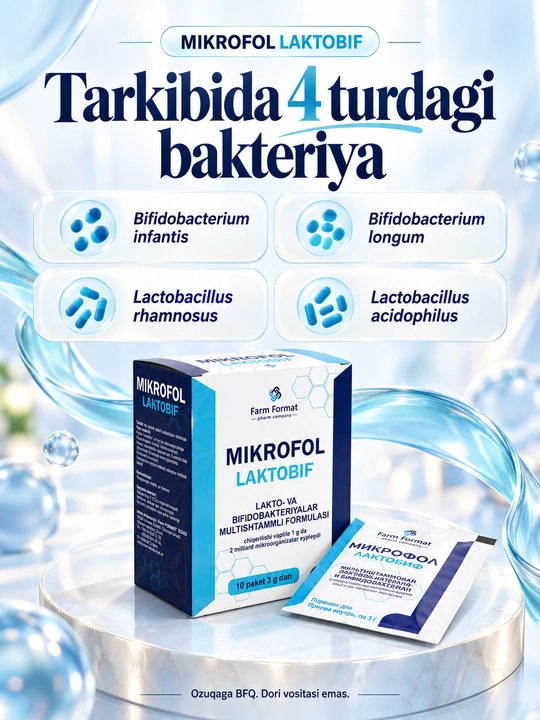 Микрофол Лактобиф, пробиотик в порошке, 10 саше по 3 г, БАД