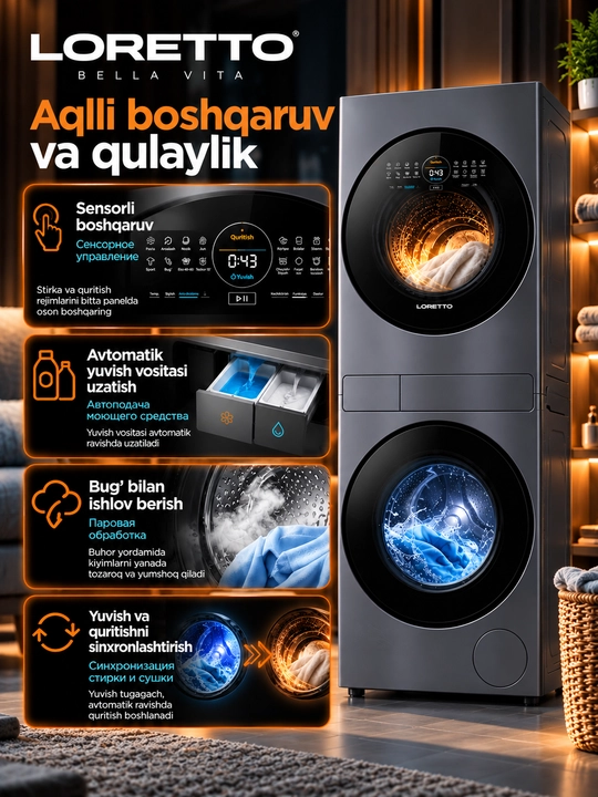 Стирально-сушильная машина LORETTO 2 в 1, 12+12 кг, Heat Pump, BLDC