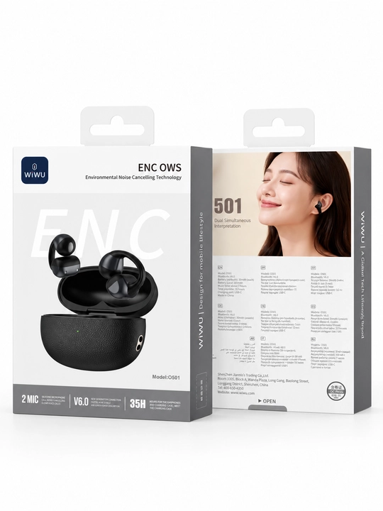 WiWU Openbuds O501 simsiz quloqchinlari, ochiq turdagi OWS TWS, Bluetooth 6.0, ENC, qora