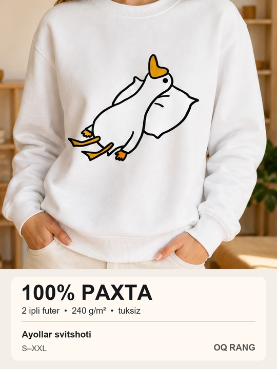 Yostiqdagi o‘rdak rasmi tushirilgan ayollar svitshoti, 100% paxta - 