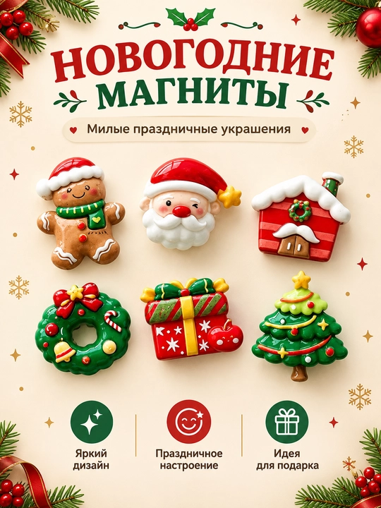 Новогодний магнит на холодильник 6 шт - 