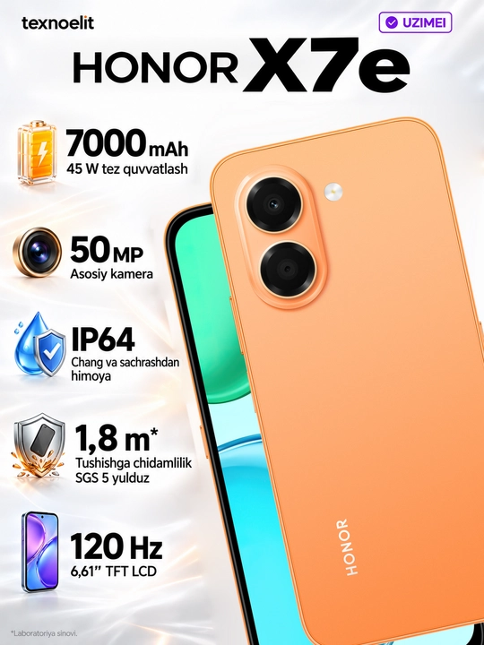 Смартфон HONOR X7e, 6 ГБ/256 ГБ, 7000 мАч, 45 Вт, 6.61″ 120 Гц, 50 Мп - 