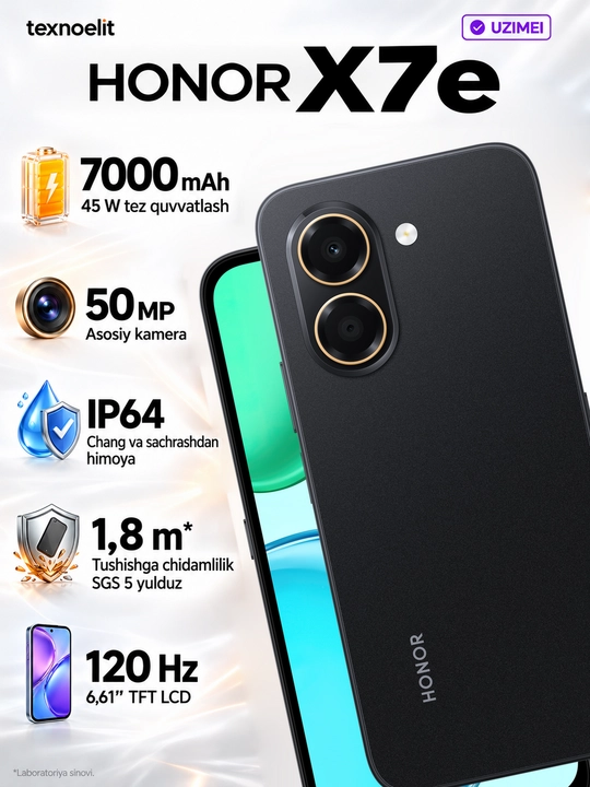Смартфон HONOR X7e, 6 ГБ/256 ГБ, 7000 мАч, 45 Вт, 6.61″ 120 Гц, 50 Мп - 