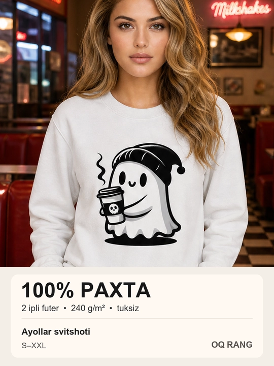 Qahva ushlagan arvoh rasmi tushirilgan ayollar svitshoti, 100% paxta - 