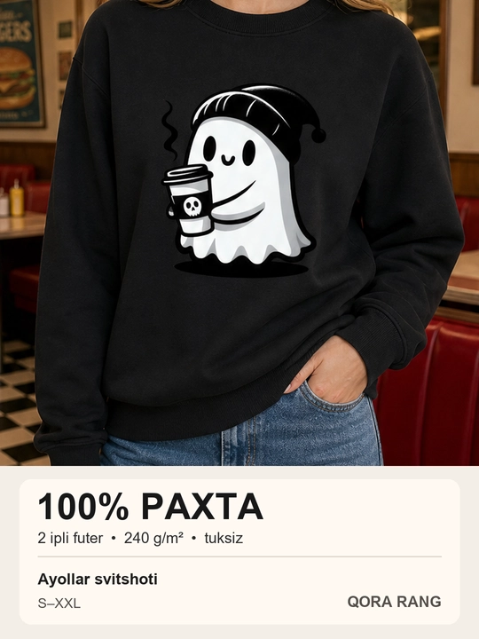 Qahva ushlagan arvoh rasmi tushirilgan ayollar svitshoti, 100% paxta - 