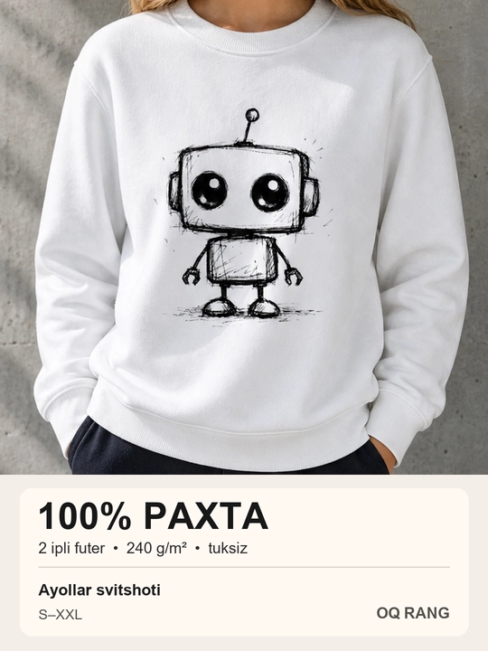 Ayollar uchun robot rasmi tushirilgan 100% paxta svitshot - 